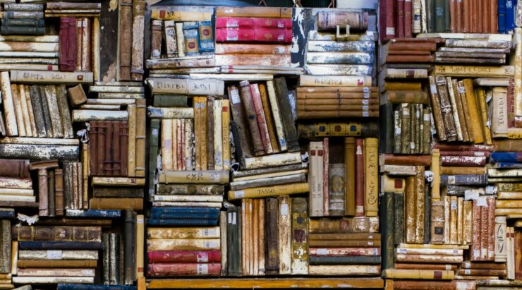 Photograph of a bookshelf with old hardback books stacked at various angles.