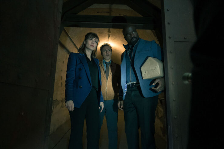 L-R Katja Herbers as Kristen Bouchard, Aasif Mandvi as Ben Shakir and Mike Colter as David Acosta appearing in Evil episode 5, season 4, streaming on Paramount+, 2023.